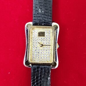 Pedre Designer Black Gold/silver tone Genuine Lizard and Crystal Watch